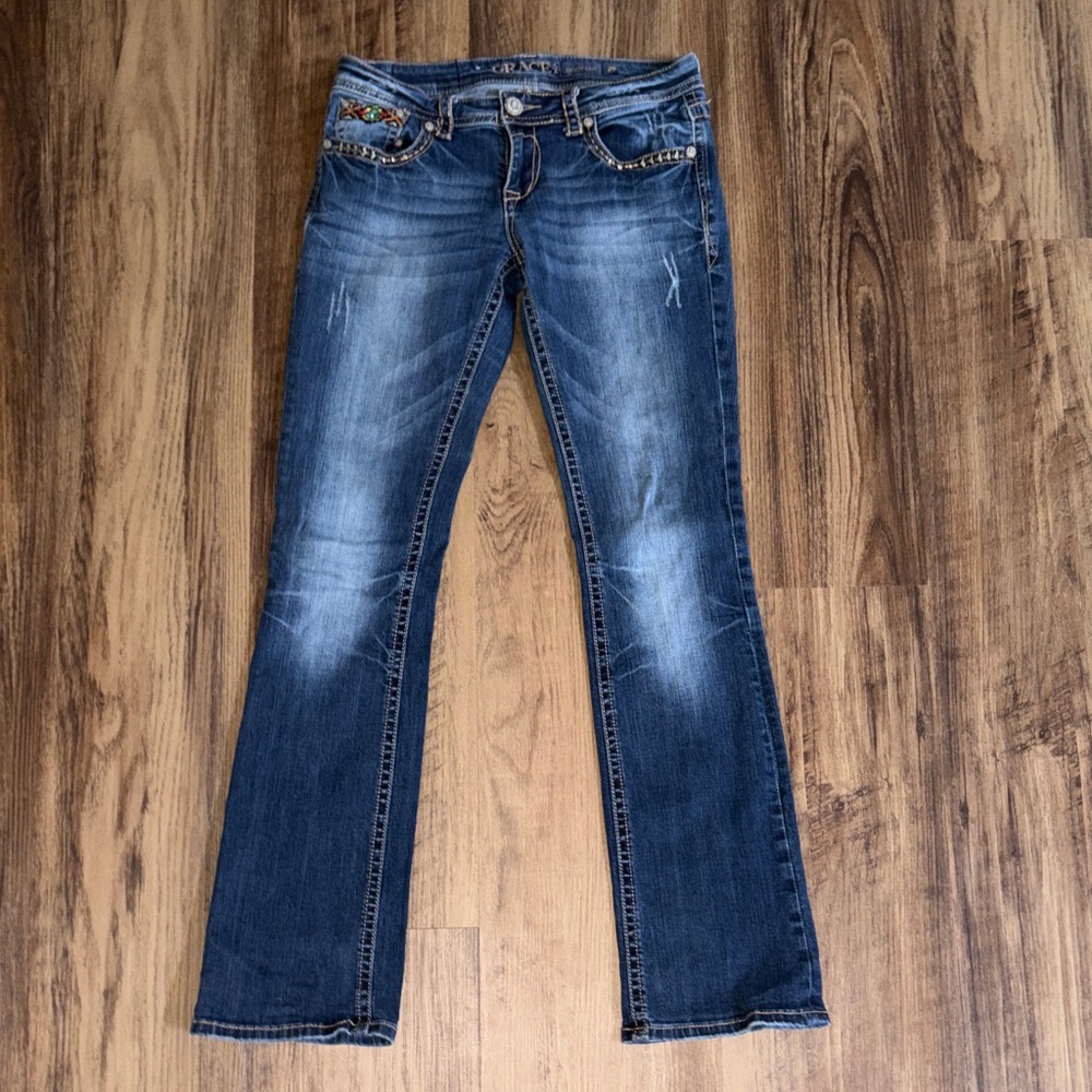Grace in LA Blue Boot Cut Jeans with Embroidered Pockets